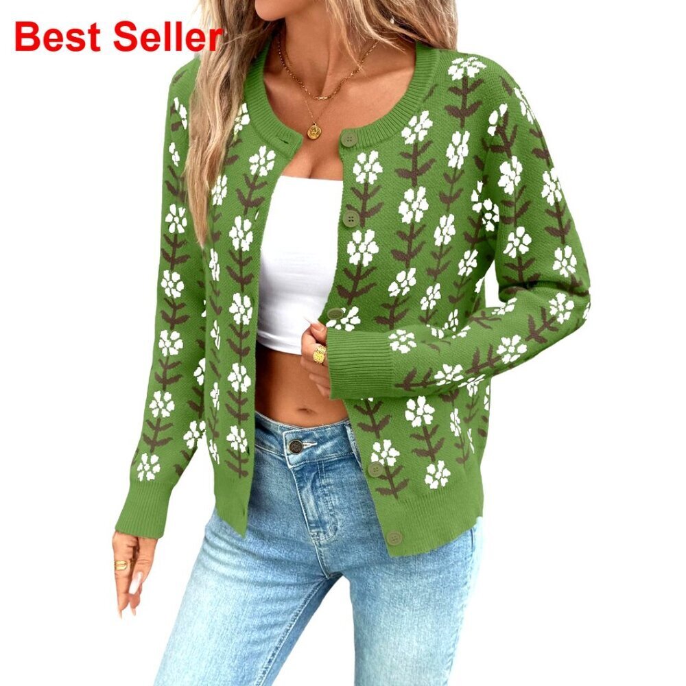 Floral Print Cropped Cardigan Sweater Long Sleeve Button Down Open Front